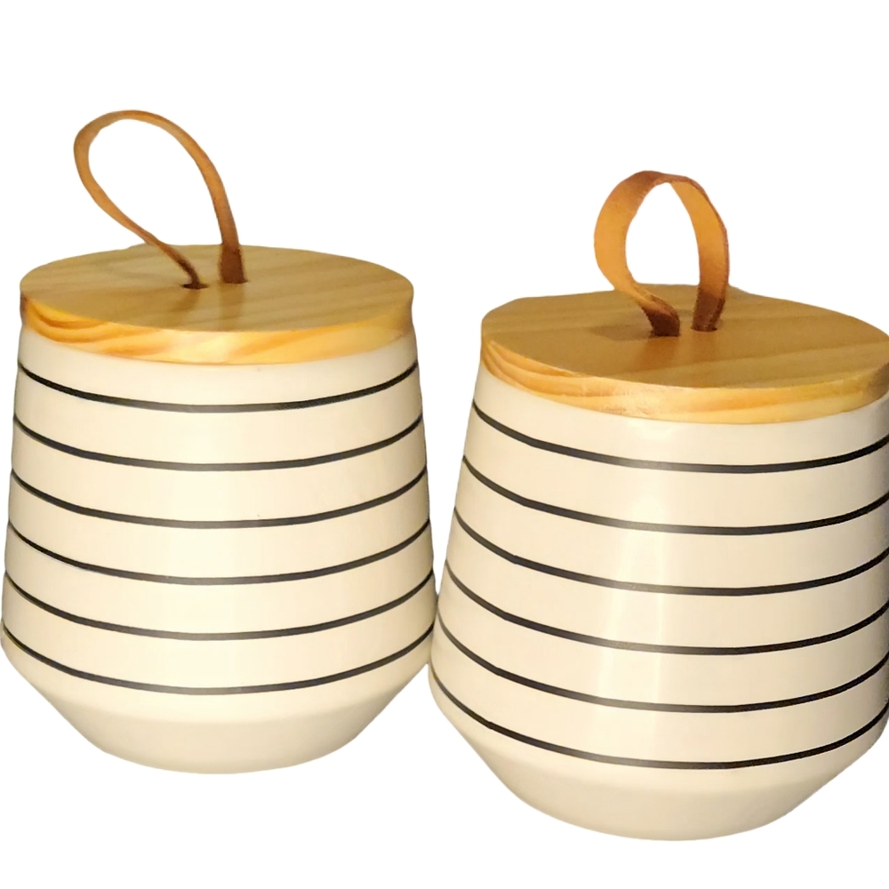 Striped Ceramic Canisters with Bamboo Lids